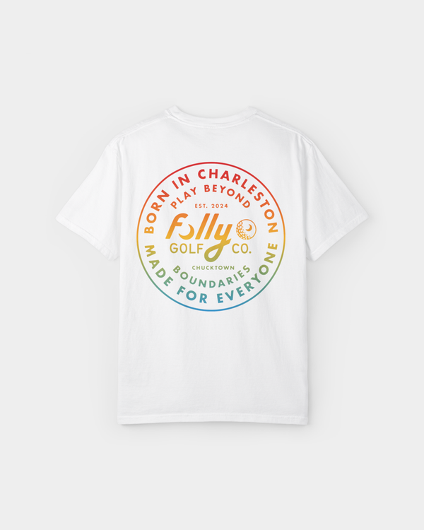 White t-shirt with colorful 'Folly Golf Co.' logo on a white background